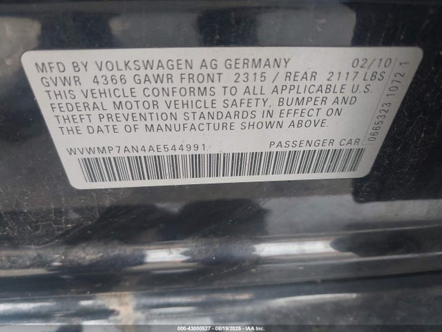 2010 Volkswagen Cc Sport მანქანა იყიდება აუქციონზე, vin: WVWMP7AN4AE544991, აუქციონის ნომერი: 43000527