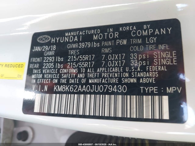KM8K62AA0JU079430 Hyundai mpi nu