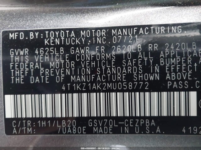 4T1KZ1AK2MU058772 Toyota 2gr-fks