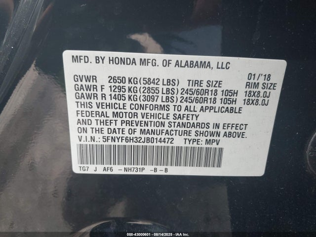 Honda j35y6 2018 5FNYF6H32JB014472 Image 9