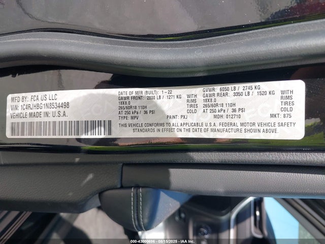 2022 Jeep Grand Cherokee Limited 4x4 მანქანა იყიდება აუქციონზე, vin: 1C4RJHBG1N8534498, აუქციონის ნომერი: 43000696