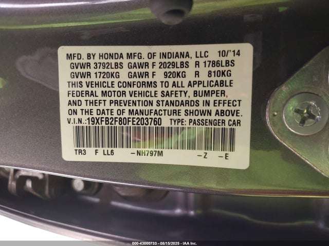 19XFB2F80FE203760 Honda r18z1