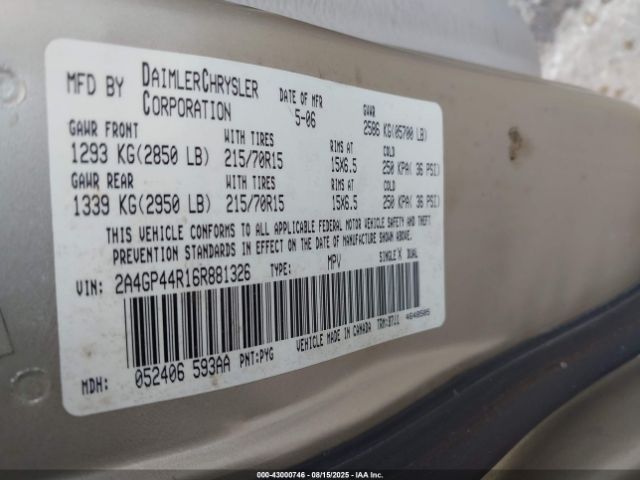 2006 CHRYSLER TOWN & COUNTRY 2A4GP44R16R881326 Photo 8