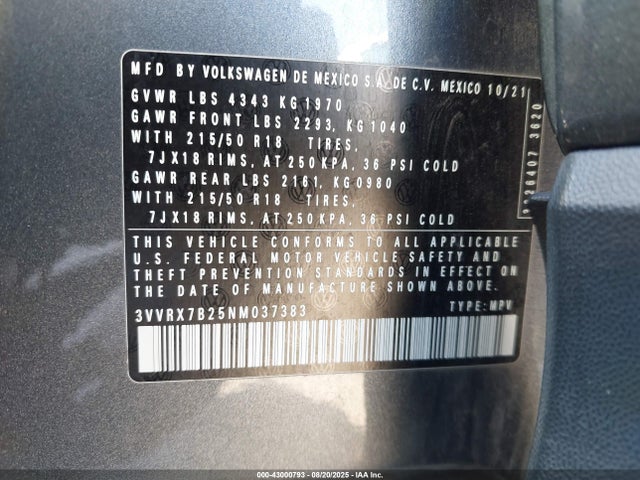 3VVRX7B25NM037383 Volkswagen tsi