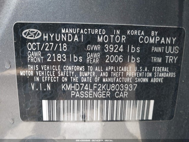 KMHD74LF2KU803937 Hyundai mpi nu