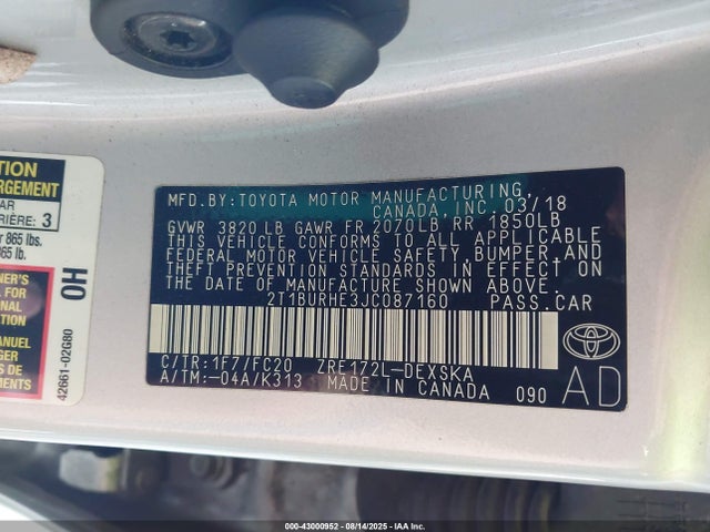 Toyota 2zr-fe 2018 2T1BURHE3JC087160 Image 9