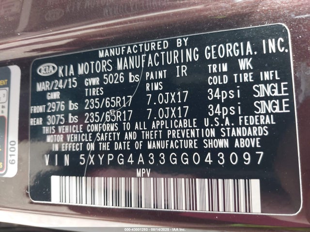 5XYPG4A33GG043097 KIA dohc gdi theta ii