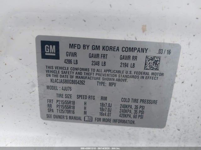 Buick luv - vvt, alum gme e85 max 2016 KL4CJASB0GB654262 Image 9