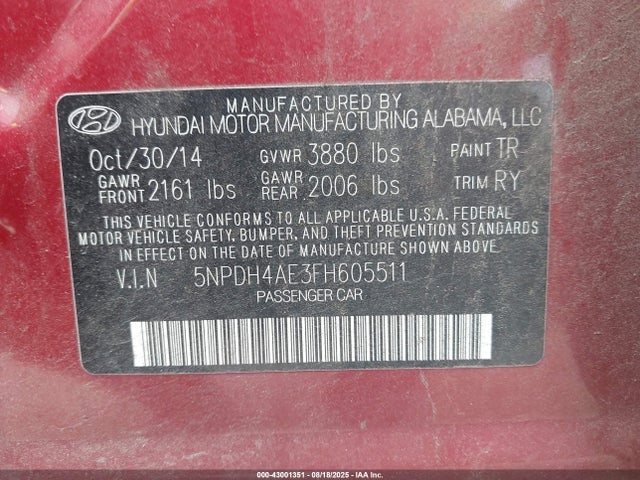 5NPDH4AE3FH605511 Hyundai dohc mpi nu