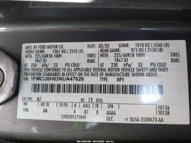1FMCU0H63NUA47626 Ford dragon di tc