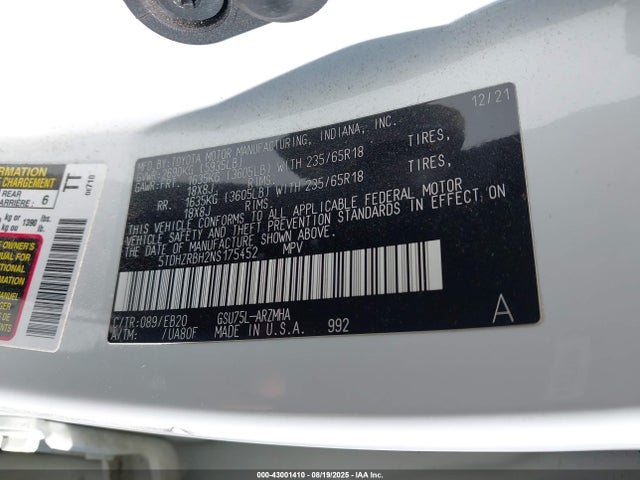 5TDHZRBH2NS175452 Toyota 2gr-fks