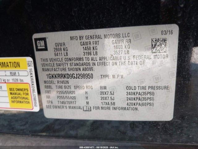 1GKKRRKD9GJ298950 GMC llt - sidi, alum, 60 degrees