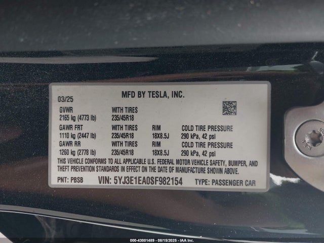2025 TESLA MODEL 3 5YJ3E1EA0SF982154 Photo 8