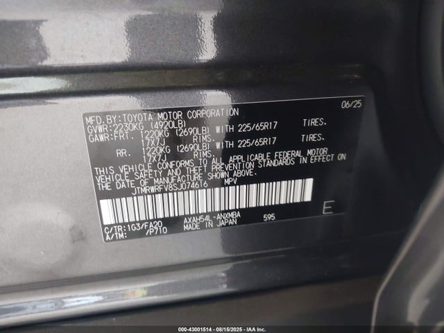 JTMRWRFV8SJ074616 Toyota a25a-fxs