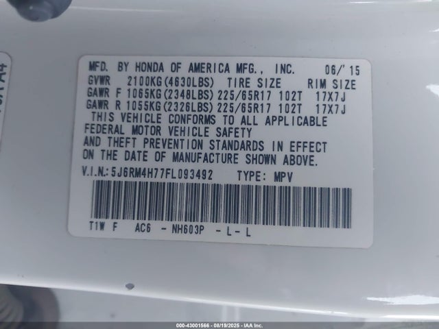 Honda k24w9 2015 5J6RM4H77FL093492 Image 9