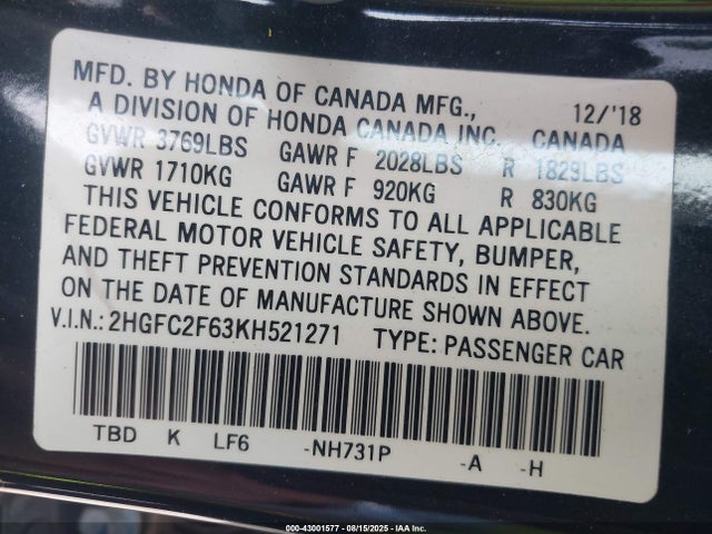 Honda k20c2 2019 2HGFC2F63KH521271 Image 9