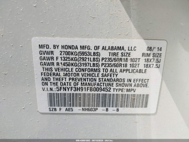 Honda j35z4 2015 5FNYF3H91FB009452 Image 9