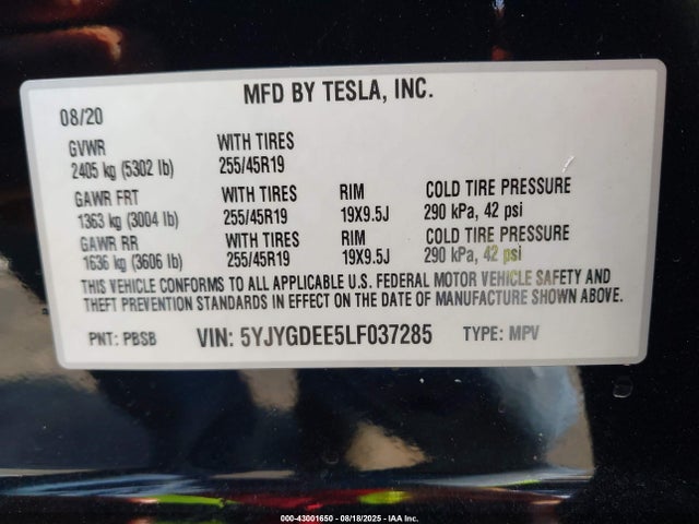 2020 TESLA MODEL Y 5YJYGDEE5LF037285 Photo 8