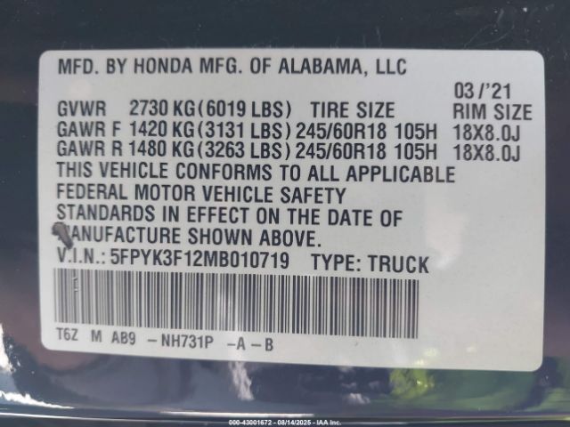 2021 HONDA RIDGELINE 5FPYK3F12MB010719 Photo 8