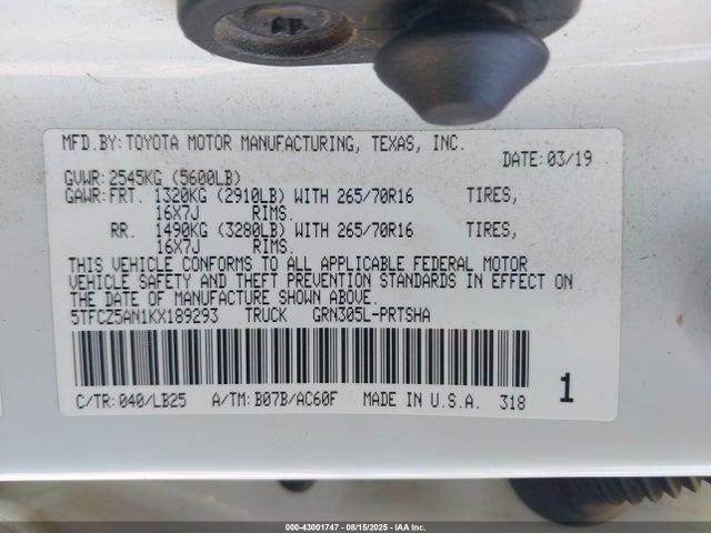 5TFCZ5AN1KX189293 Toyota 2gr-fks