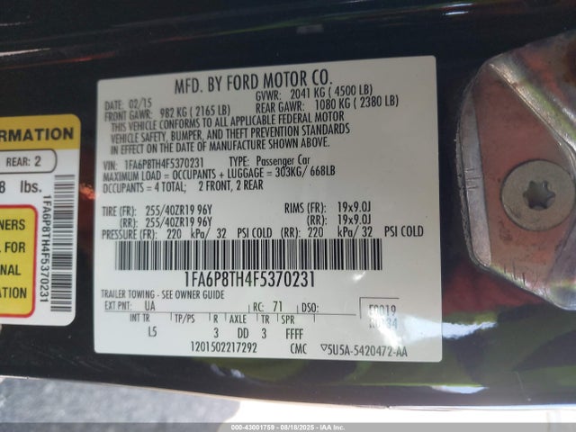 Ford 2015 2015 1FA6P8TH4F5370231 Image 9