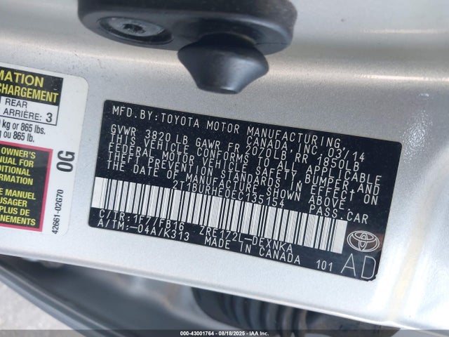Toyota 2zr-fe 2014 2T1BURHE0EC135154 Image 9