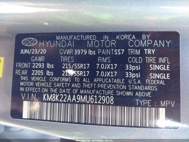 KM8K22AA9MU612908 Hyundai mpi nu