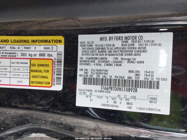 1FA6P8TD0N5108928 Ford 4v