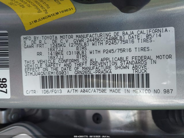 Toyota 1gr-fe 2014 3TMJU4GN1EM169031 Image 9