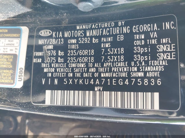 5XYKU4A71EG475836 KIA gasoline 3.3 v6 gdi lambda ii