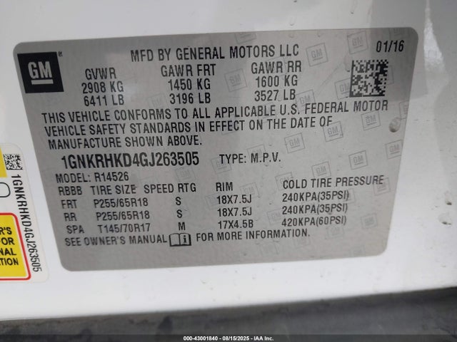 1GNKRHKD4GJ263505 Chevrolet llt - sidi, alum, 60 degrees