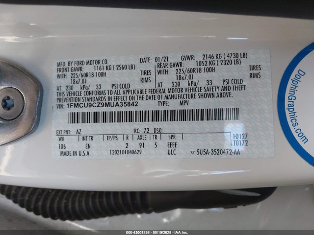 1FMCU9CZ9MUA35842 Ford hev/phev