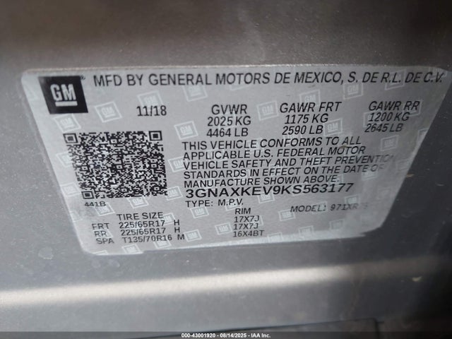 3GNAXKEV9KS563177 Chevrolet lyx - direct injection, vvt, fgt, turbo, alum, gen1