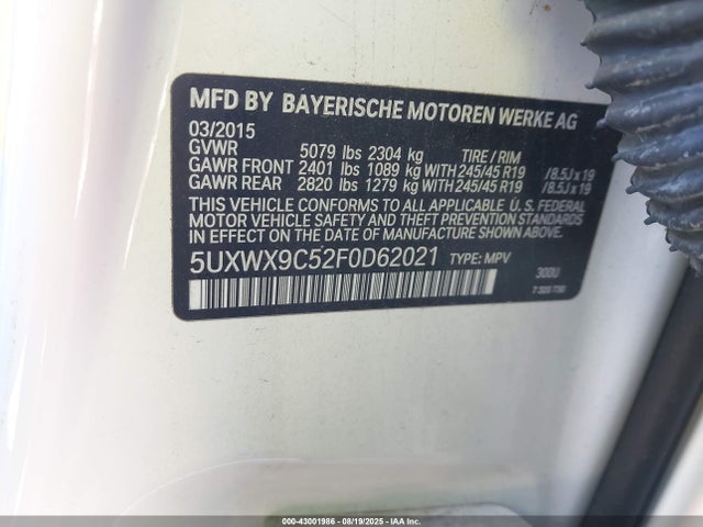 BMW X3 2015 5UXWX9C52F0D62021 Image 9