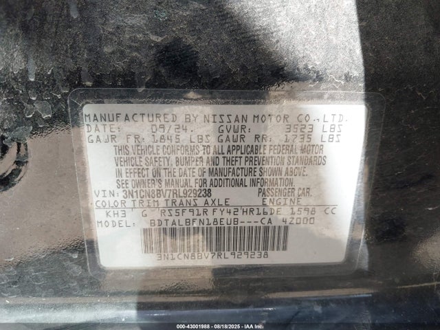 3N1CN8BV7RL929238 Nissan Versa