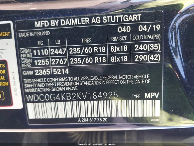 WDC0G4KB2KV184925 Mercedes-Benz m274