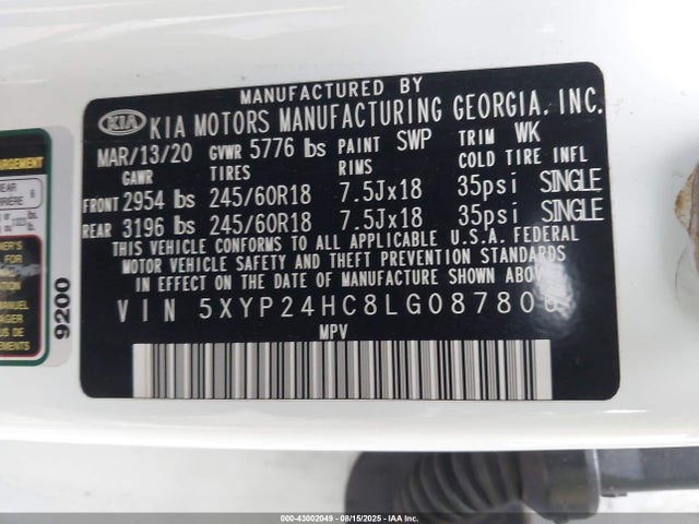 5XYP24HC8LG087806 KIA gdi lambda-ii