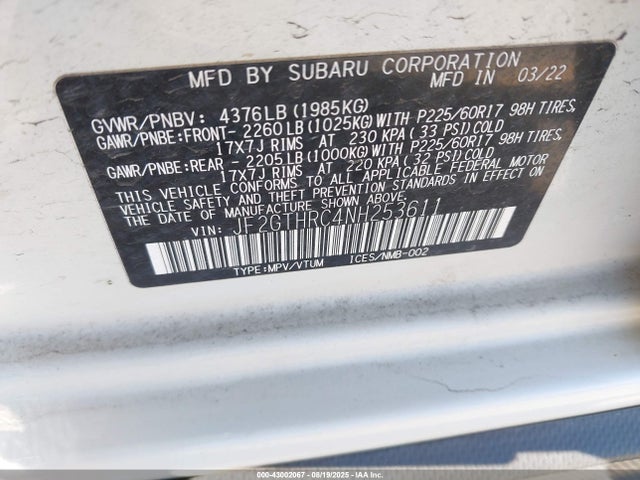 Subaru na 2022 JF2GTHRC4NH253611 Image 9