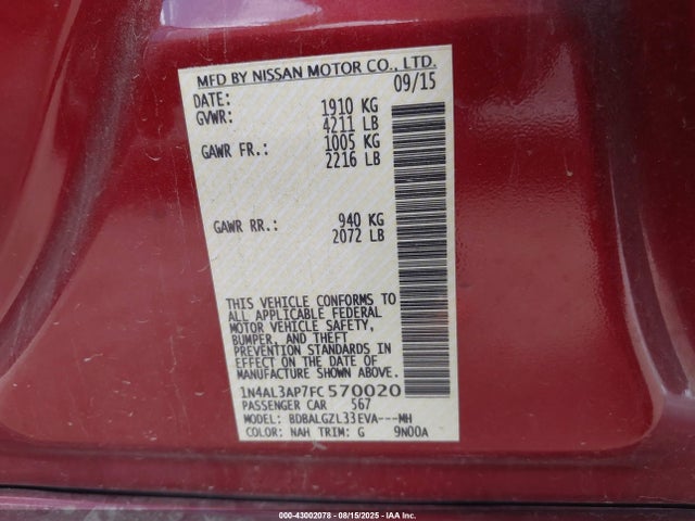1N4AL3AP7FC570020 Nissan Altima 2.5 S