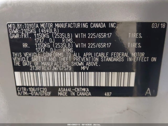 Toyota 2ar-fe 2018 2T3RFREV7JW767579 Image 9