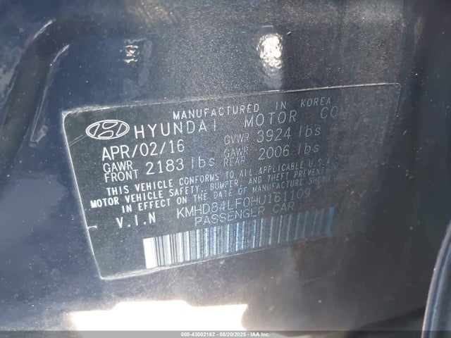 KMHD84LF0HU161109 Hyundai 2017