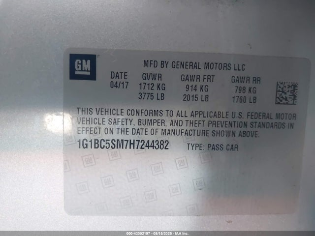 1G1BC5SM7H7244382 Chevrolet le2 -di: direct injection, vvt: variable valve timing, gen, alum