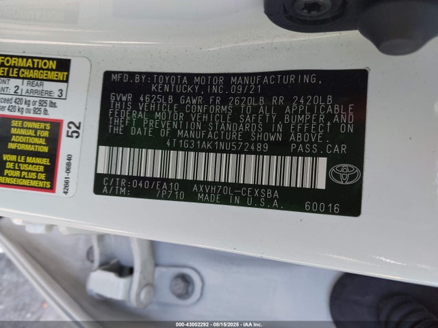 Toyota a25a-fxs, 3nm 2022 4T1G31AK1NU572489 Image 9