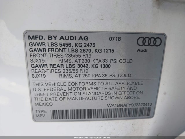 2018 Audi Q5 2.0t Premium/2.0t Tech Premium მანქანა იყიდება აუქციონზე, vin: WA1BNAFY9J2220413, აუქციონის ნომერი: 43002384