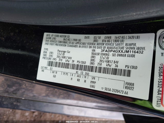 3FADP4GXXJM116432 Ford 1.6l gtdi prem. fuel