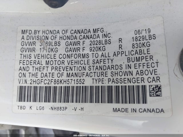 Honda k20c2 2019 2HGFC2F86KH571552 Image 9