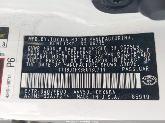 4T1BD1FK6GU180711 Toyota 2ar-fxe+2jm