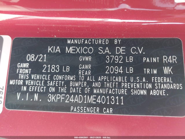 3KPF24AD1ME401311 KIA mpi nu