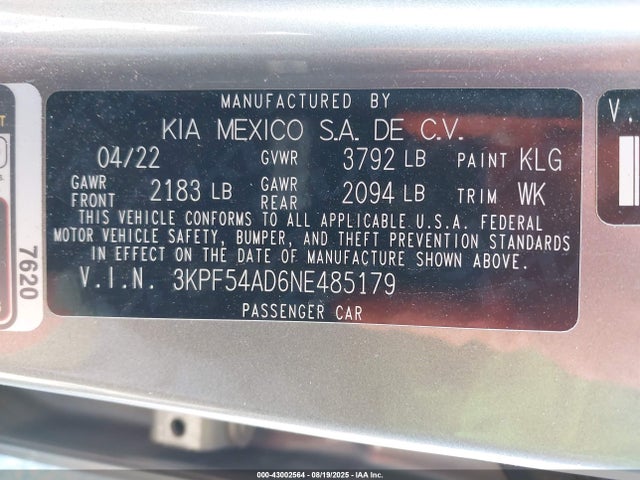 3KPF54AD6NE485179 KIA mpi nu