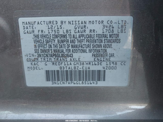 3N1CN7AP6GL851643 Nissan Versa